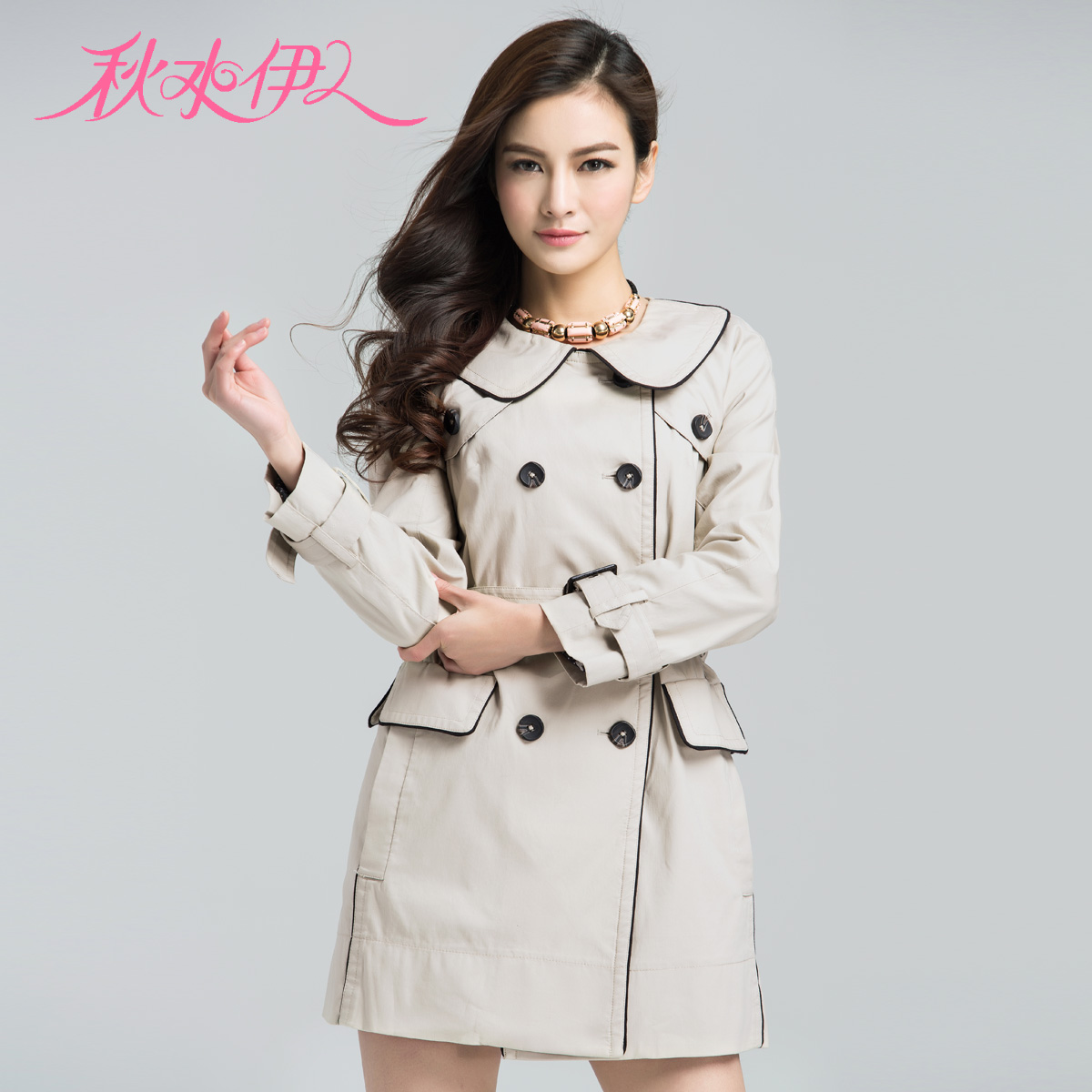 QIUSHUIYIREN 2013 spring new arrival vintage british style o-neck slim women's trench outerwear all-match medium-long