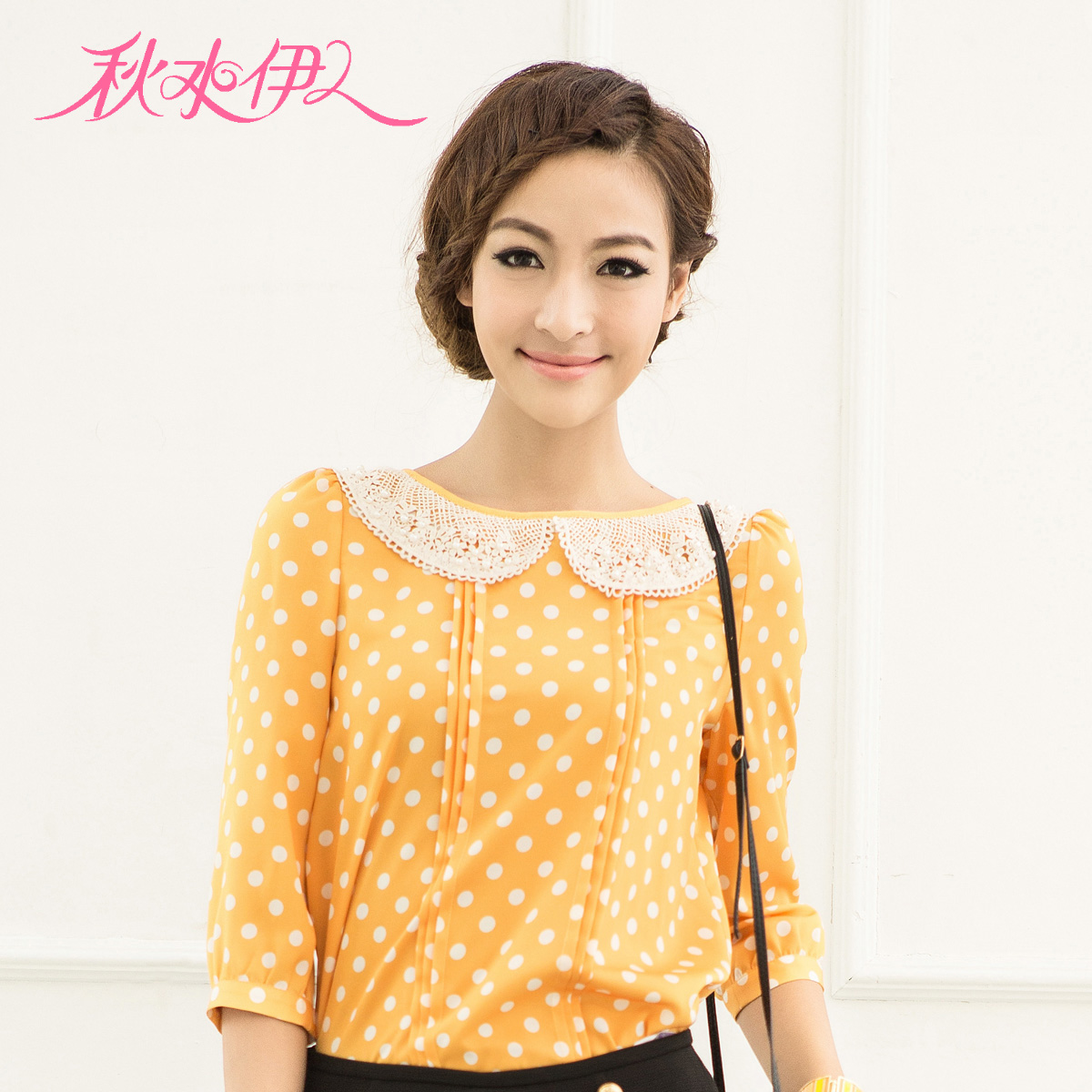 QIUSHUIYIREN 2013 spring sweet peter pan collar fashion dot three quarter sleeve chiffon top