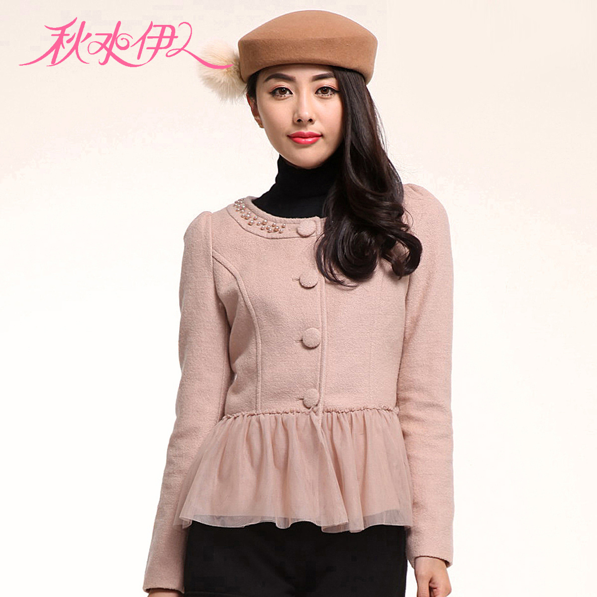 QIUSHUIYIREN autumn and winter gauze patchwork design long-sleeve slim short woolen outerwear 614107008
