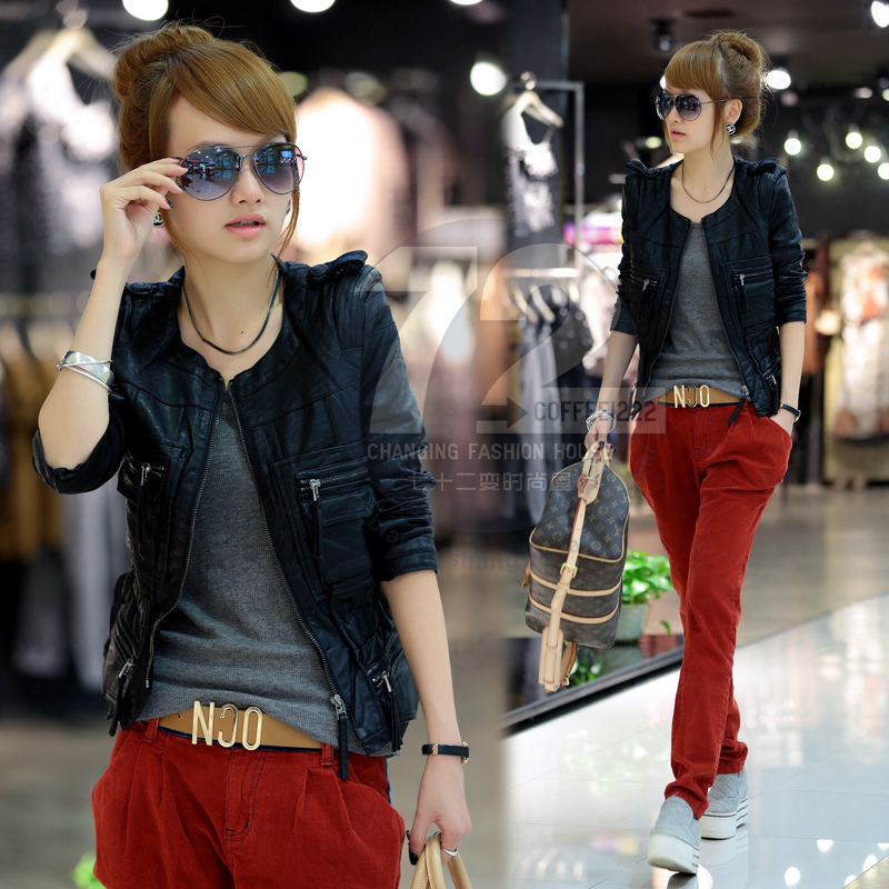 Qm8012 2012 autumn new arrival slim epaulette jacket cardigan leather clothing outerwear female