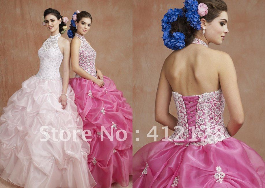 QU070 New Style Modern Halter Organza Quinceanera Dresses Lace Ball Gown Ankle Length Custom Made