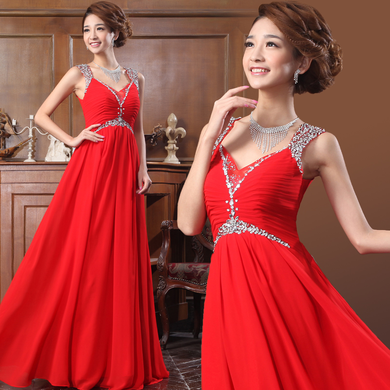 Quality 2012 double-shoulder V-neck red long design evening dress the bride evening dress