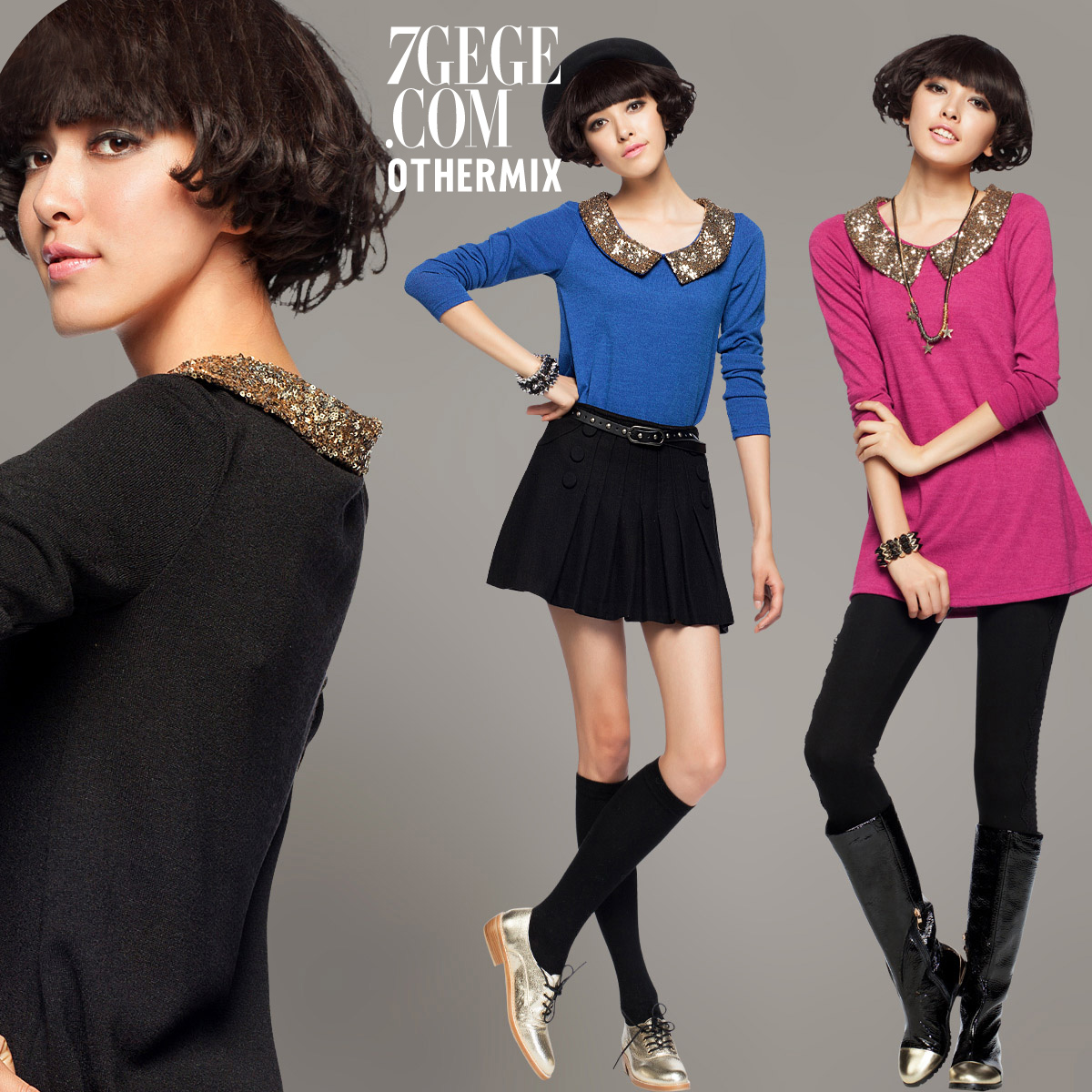 Quality Assurance Sweater paillette peter pan collar A - shaped loose sweater 12ma084013f type free shipping