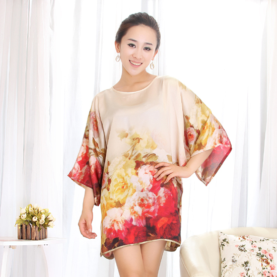 Quality digital pure silk sleepwear batwing sleeve o-neck casual home wear female multicolor