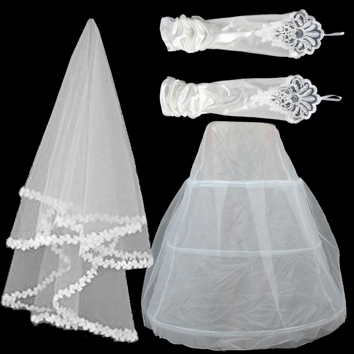 Quality double layer yarn veil pannier lace gloves piece set the bride wedding dress set