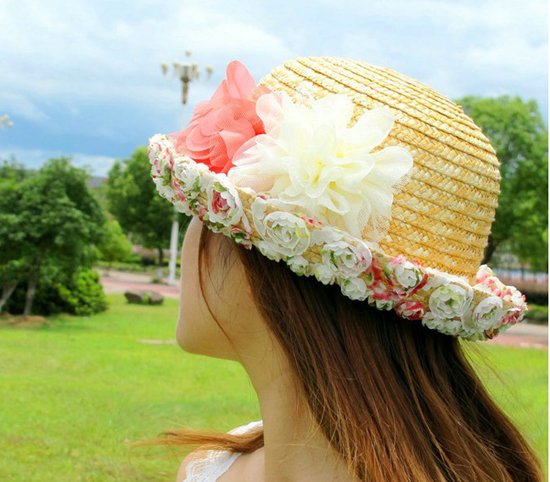 Quality lace romantic aesthetic flower straw braid hat summer straw braid hat