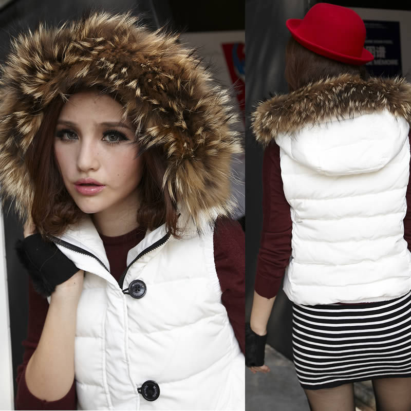 Quality large fur collar hooded down vest down vest down coat Women winter vest