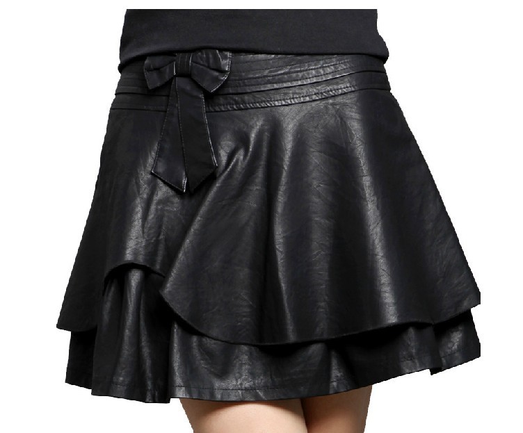 Quality leather clothing skirt all-match fashion PU clothing bag short skirt medium bow ruffle skirt bust skirt free shipping