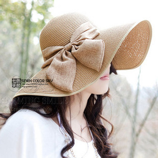 Quality linen bow top straw braid big sun hat beach sunbonnet