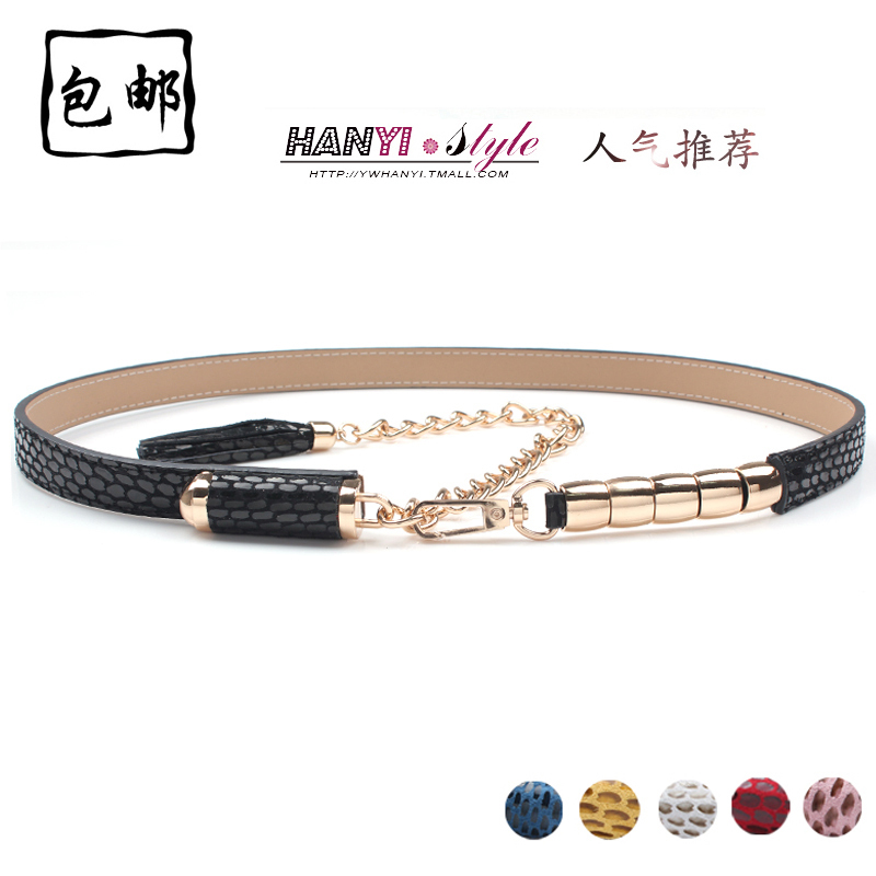Quality luxury women's decoration belly chain fashion genuine leather thin belt all-match skirt belt metal tassel