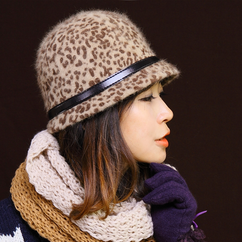 Quality rabbit fur hat bucket hat leopard print equestrian cap dome fedoras women's winter autumn and winter vintage