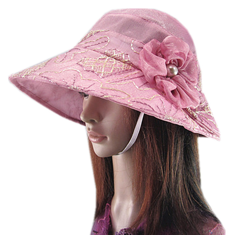 Quality silk summer women's flat bucket hats large brimmed hat sunbonnet flower windproof rope british style