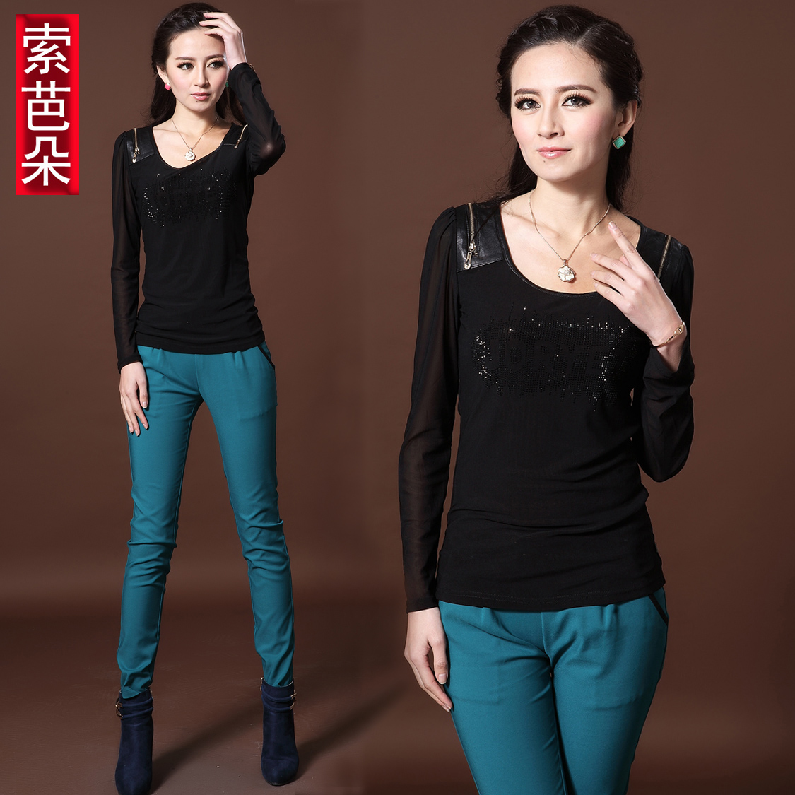 Quality spring slim fashion sheepskin patchwork gauze T-shirt long-sleeve genuine leather 1327 basic shirt