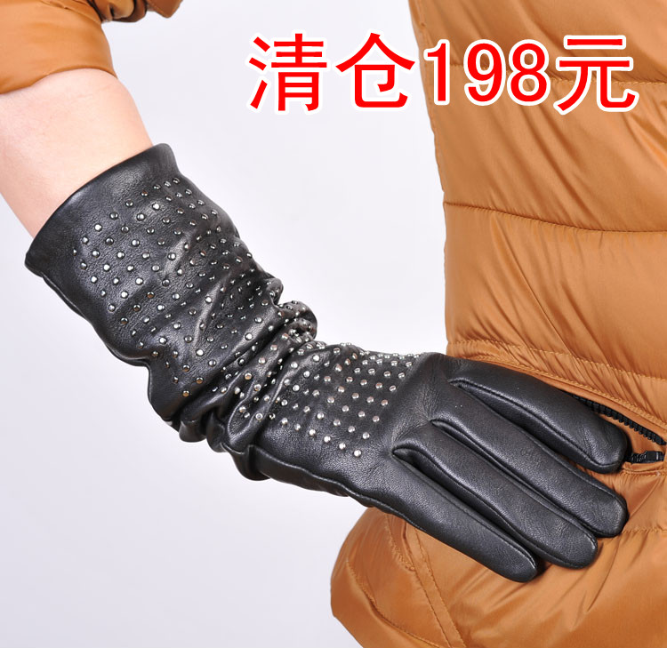Quality suede rivet punk design long gloves women's genuine leather gloves