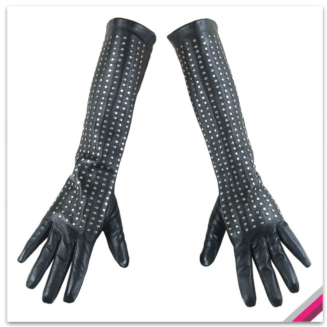 Quality suede rivet punk long design gloves women's genuine leather gloves drop shipping