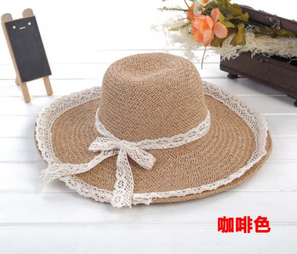 Quality summer big strawhat female lace bow folding beach hat sun-shading