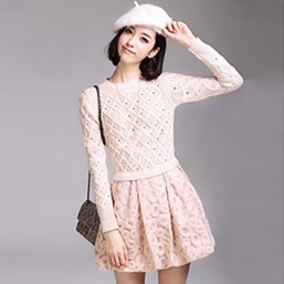 Quality winter 2012 gentlewomen sheep wool knitted patchwork patent leather crease long-sleeve dress