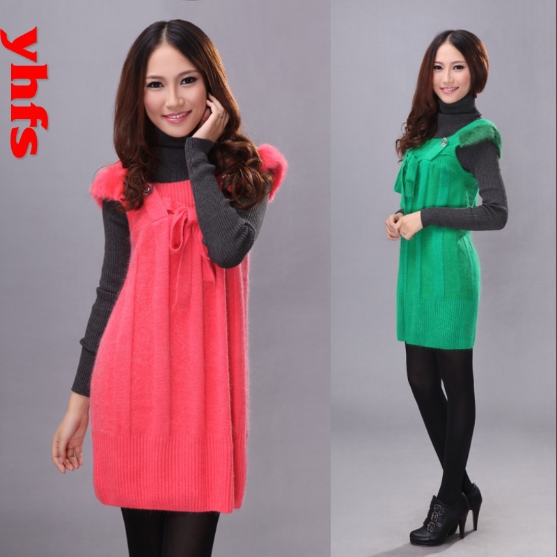 Quality! women  autumn winter  clothing   rabbit fur tank dress fur decoration suspenders  sweater cardigan pollover coat