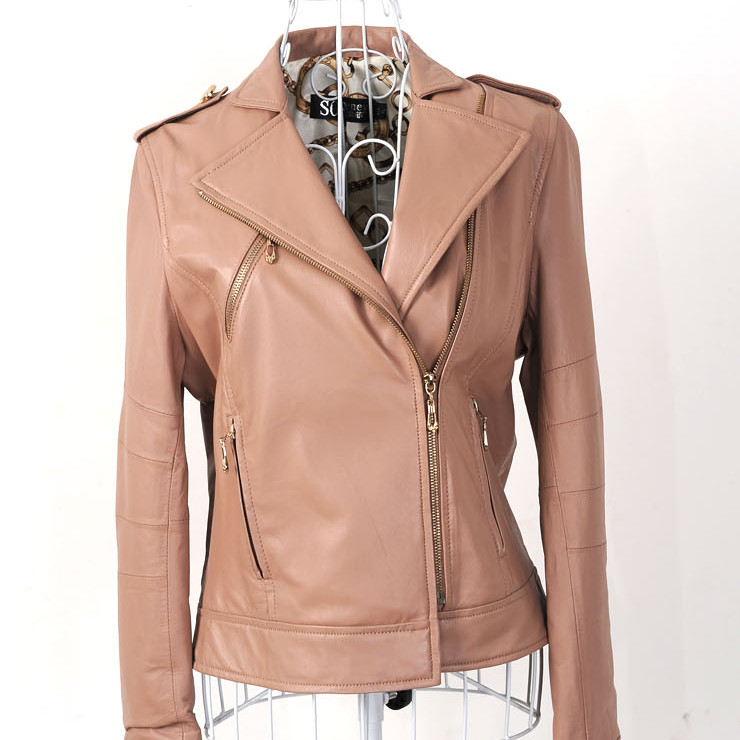 Quality women's leather clothing women's zipper epaulette blazer sheepskin genuine leather motorcycle clothing leather clothing