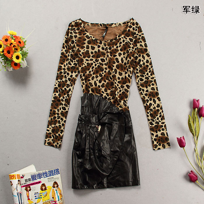 Quality women's long-sleeve faux leather leopard print one-piece dress FREE SHIPPING