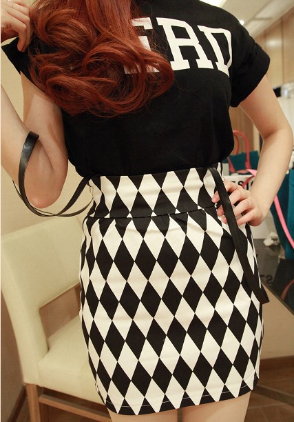 Qubysisi2013 spring and summer HARAJUKU punk color block plaid high waist leather braces skirt