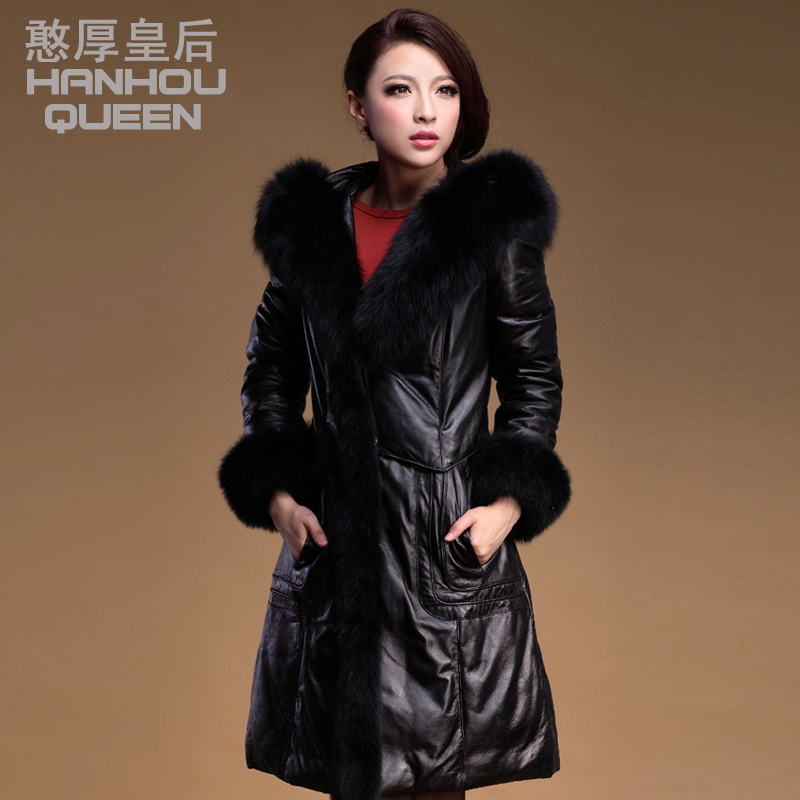 Queen 2012 long design slim fox fur leather down coat female genuine leather clothing free shipping