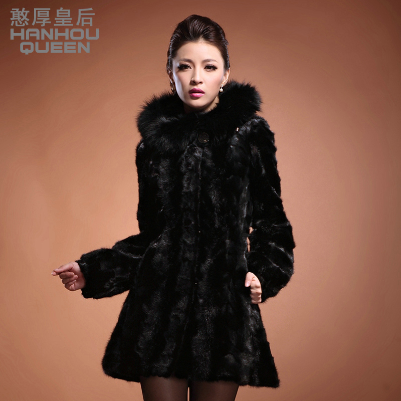 Queen 2012 mink hair leather overcoat long design hooded fight mink fur coat free shipping