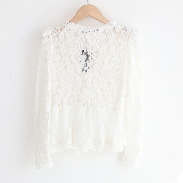 R 8898 real pictures with model autumn shoulder pads patchwork cutout lace shirt cardigan 210g