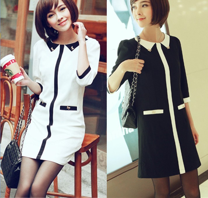 R6390 small black and white patchwork slim half sleeve one-piece dress 2013 spring women's