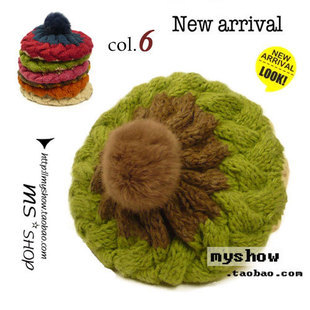 Rabbit fur ball knitted hat autumn and winter women's knitted hat millinery wire cap beret