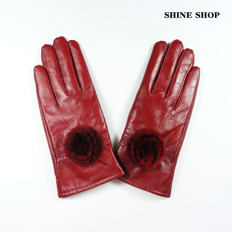 Rabbit fur ball quality women's genuine leather gloves sheepskin plus velvet thermal