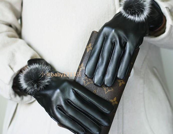 Rabbit fur ball women's faux leather gloves autumn and winter thermal Women cute gloves