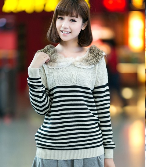 Rabbit fur collar stripe thick sweater female slim sweater basic sweater Free Shipping