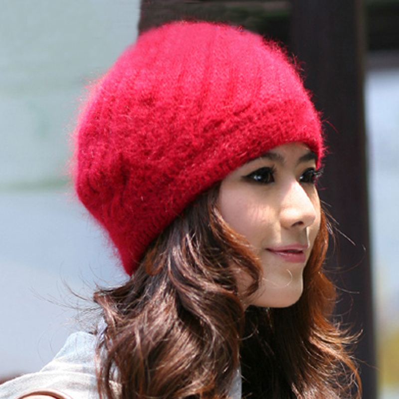 Rabbit fur hat winter new style women's thermal simple oblique stripe knitted hat knitted hat