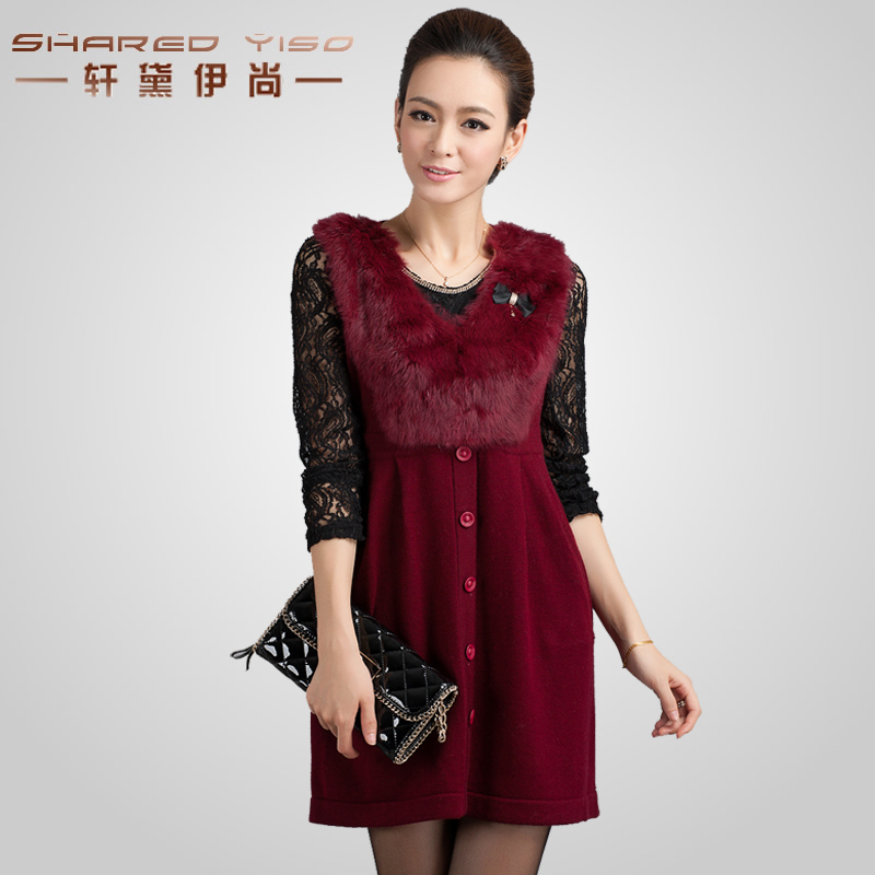 Rabbit fur medium-long loose knitted autumn and winter sweater one-piece dress women's