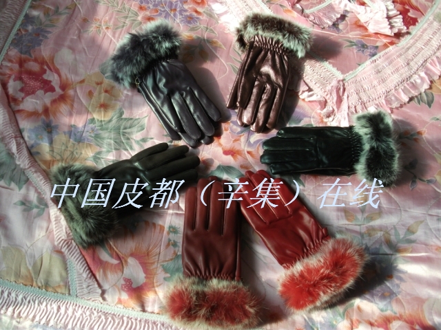 Rabbit fur PU leather gloves autumn and winter thermal wool gloves cycling gloves female