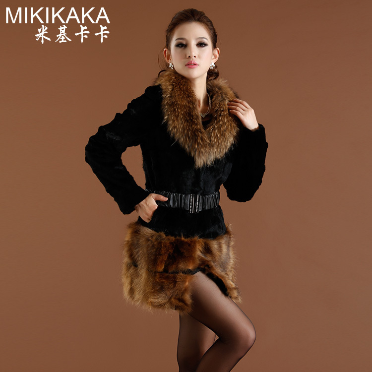 Rabbit fur raccoon fur Women medium-long slim outerwear 2012
