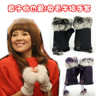 Rabbit fur semi-finger Mittens thermal lucy leather+rabbit fur+flocked woolen gloves