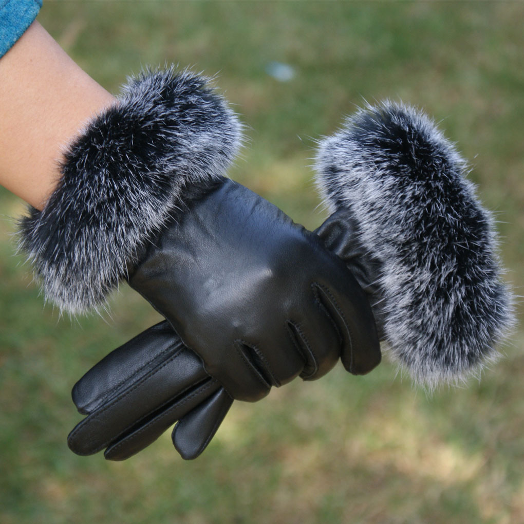 Rabbit fur sheepskin genuine leather gloves women fashion winter thermal  thermal fleece lined leather gloves