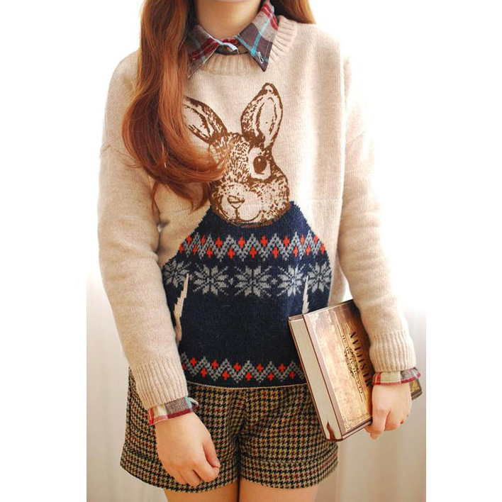 rabbit fur sweater rabbit pattern long-sleeve o-neck sweater female ,13