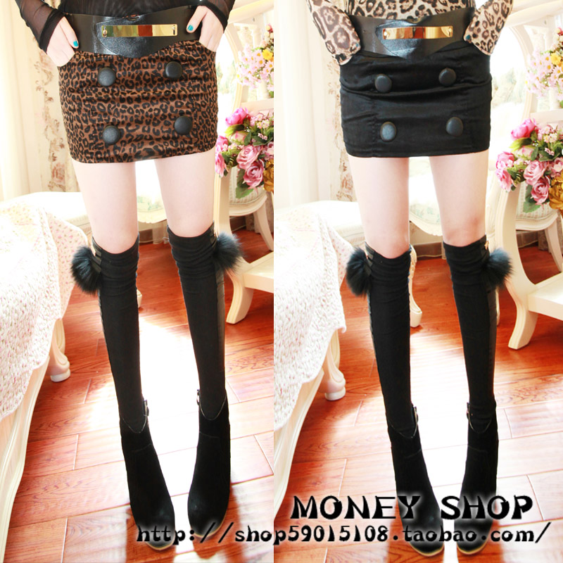 Rabbit pocket double big buttons metal film leather belt decoration elastic suede fabric half-length pencil skirt