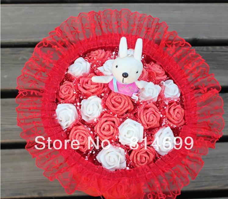 Rabbit rose cartoon bouquet doll dried flowers Valentine's Day Christmas gifts fake bouquet free shipping ZA602