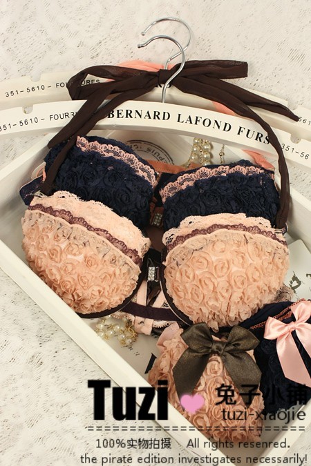 Rabbit sexy lace sweet rose bra women's push up bra underwear set bra