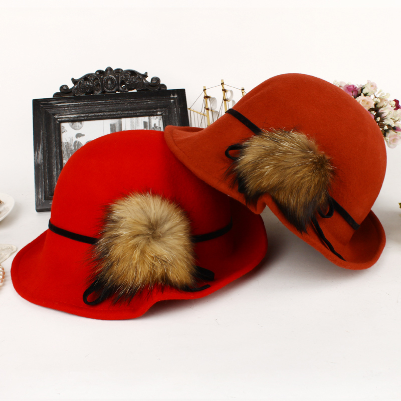 Raccoon fur ball bow autumn and winter pure wool roll-up hem bucket hats dome small fedoras female