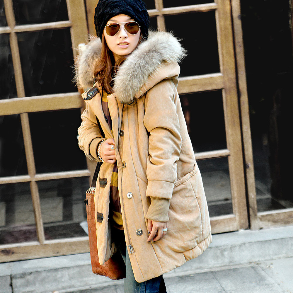 Raccoon fur collar qhon new arrival thicken cotton-padded jacket plus size wadded jacket female women's medium-long overcoat