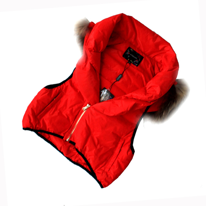 Raccoon fur hat tie design short down coat down vest female double layer collar red black beige slim