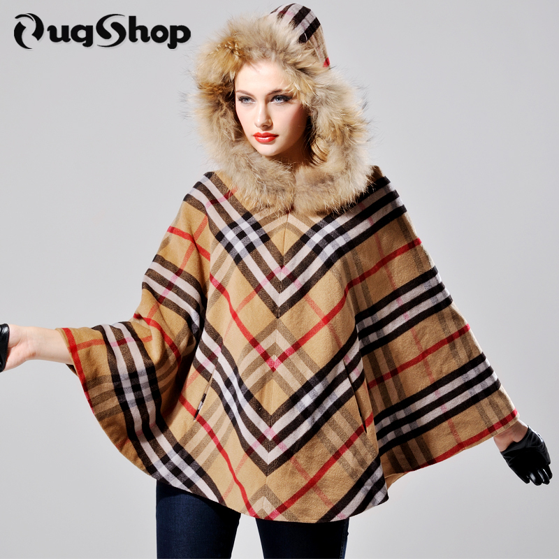Raccoon fur hood cashmere cape cloak outerwear trench