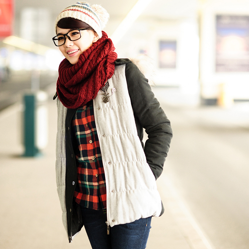 Raccoon fur with a hood cotton-padded jacket color block belt badge women's medium-long cotton-padded jacket c5409