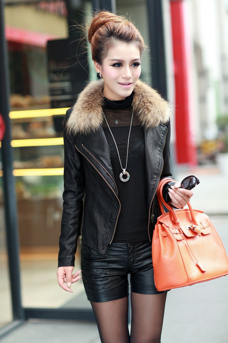 Raccoon hair Collar Ladies High Quality  PU Leather Coat