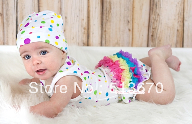 Rainbow Ruffles White Rainbow Dots Panties Bloomers with Matching White Rainbow Dots Tank Top & White Rainbow Dot Cap MALD217